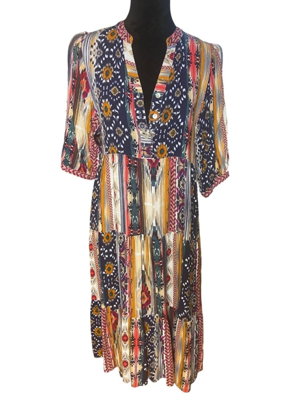 Figueroa & Flower Women's Boho Tiered Mini Dress Multicolor Print Size M